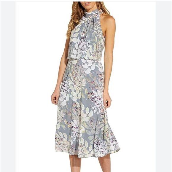 Adrianna Papell Women's Dress Mock Neck Prted Water Color MIDI Light Blue 2 NWT - Picture 7 of 8